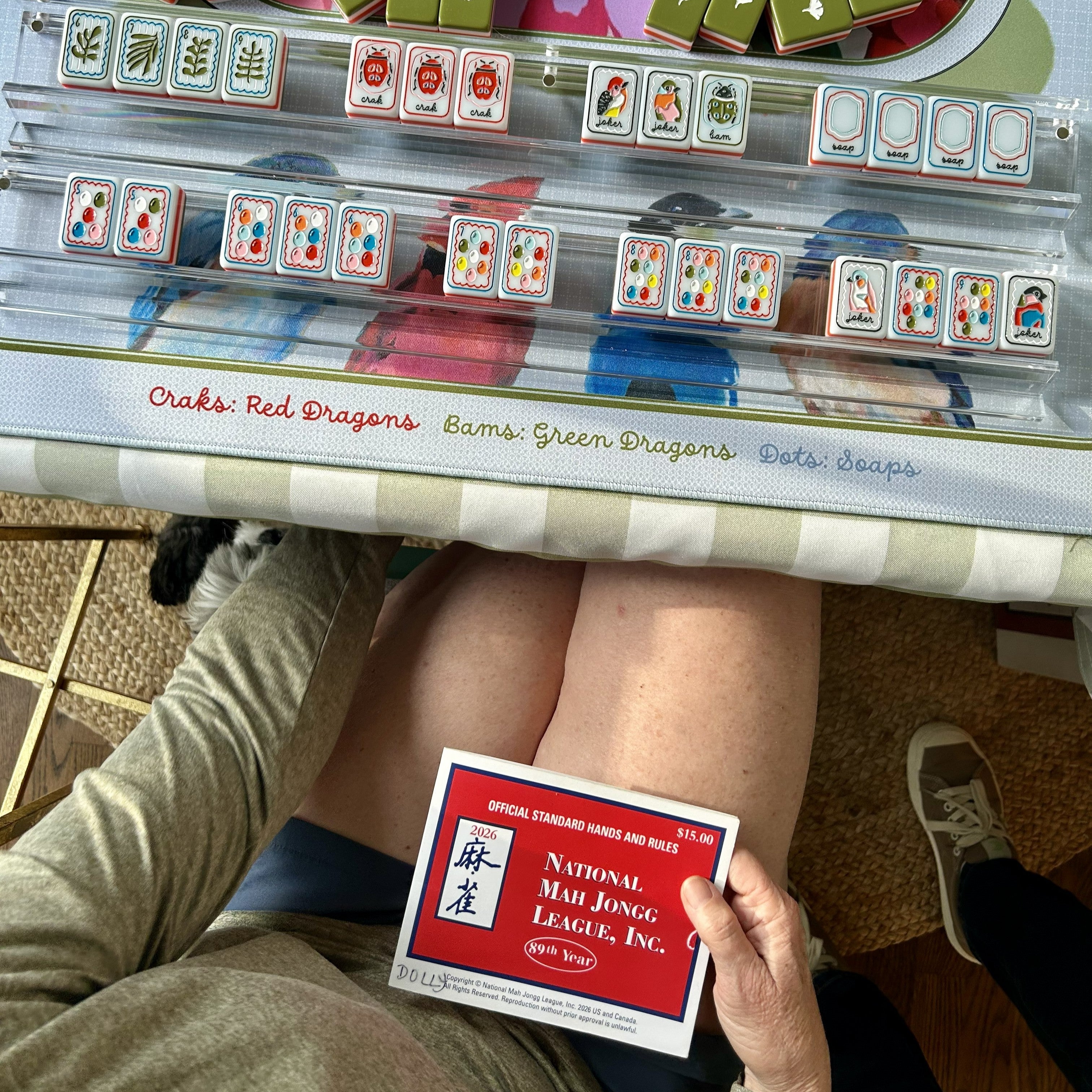 Person holding a mahjong box with mahjong tiles in the background