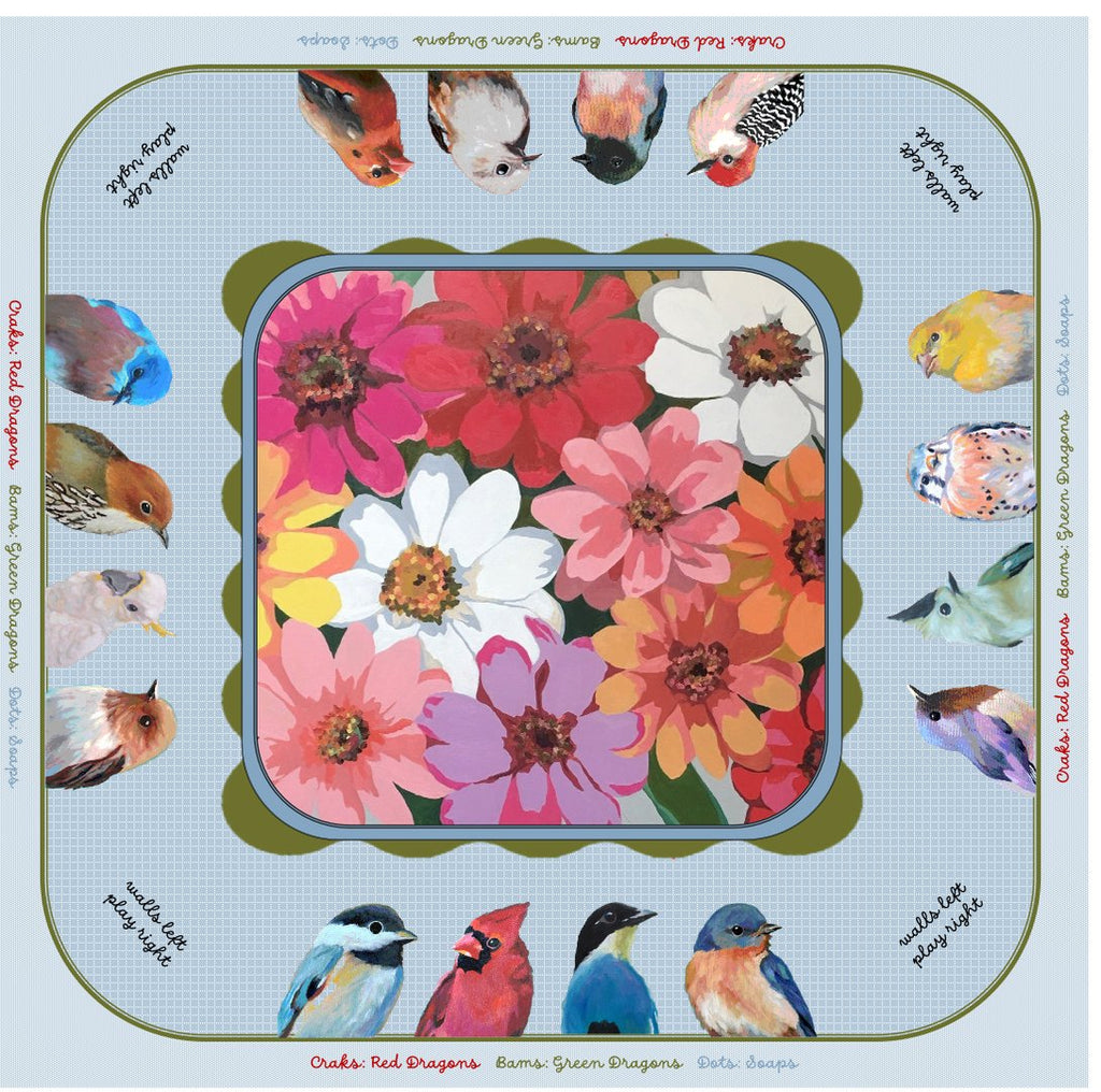 Mahjong Mat designed with colorful flowers and birds on a blue background
